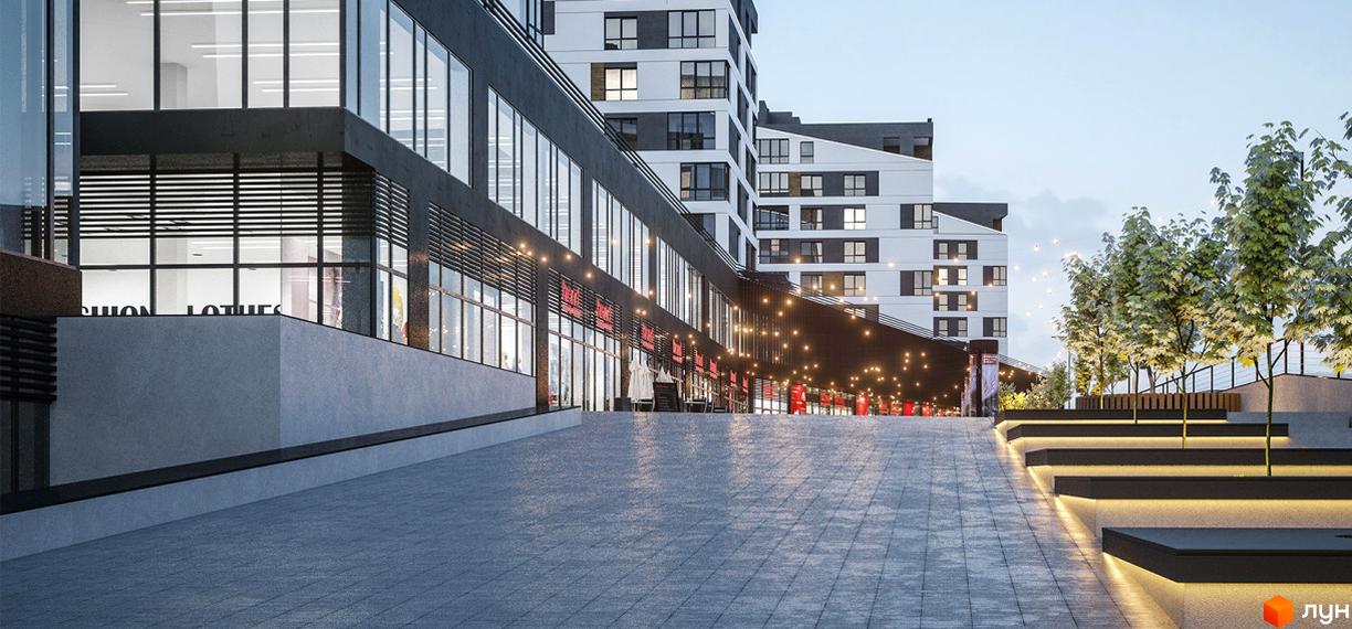 Зображення сторінки ЖК CENTRAL CITY Apartments. Багатоквартирний будинок з панорамними вікнами та освітленою прибудинковою територією з деревами.