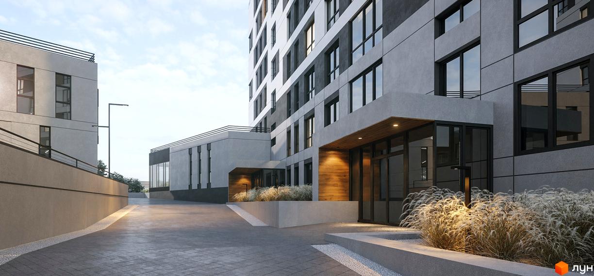 Зовнішній вигляд будинку ЖК CENTRAL CITY Apartments з великими вікнами та вхідною групою. На прибудинковій території розташовані рослини та доріжки з бруківки.