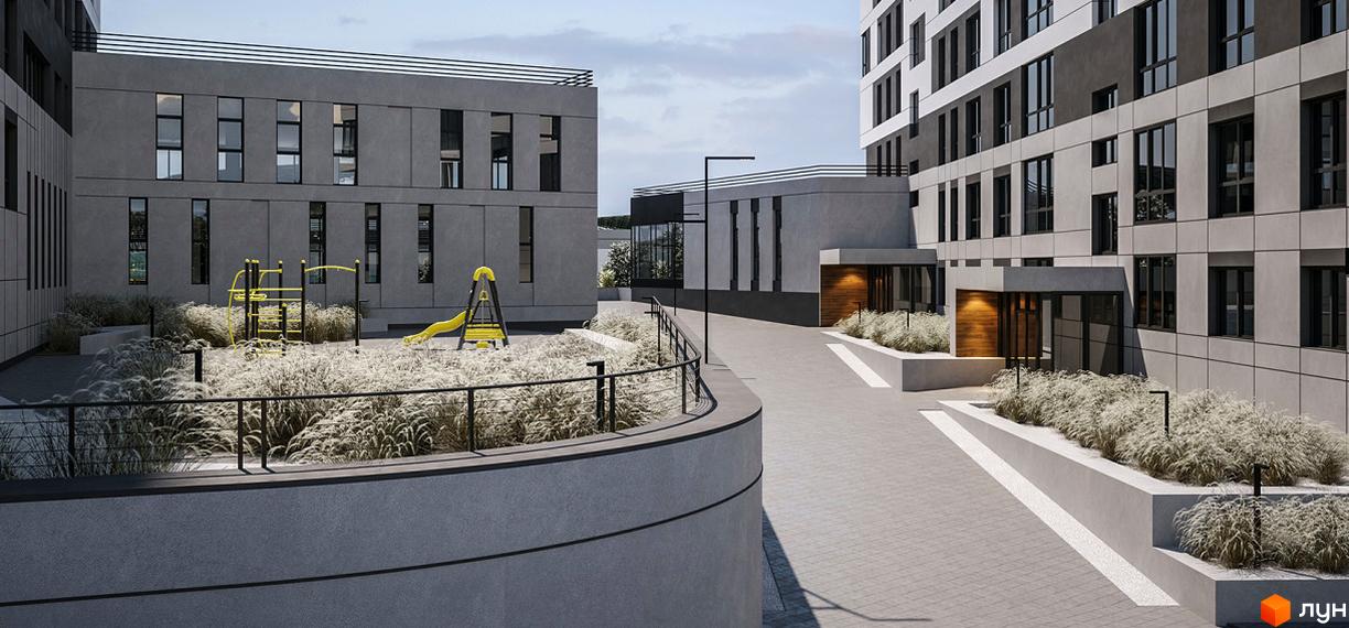 Фасад будівлі житлового комплексу з великими вікнами. На території дитячий майданчик та доріжки з рослинами.