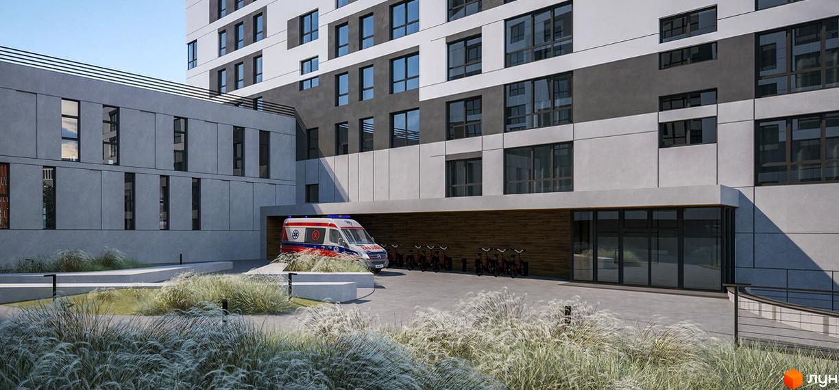 Зовнішній вигляд новобудови ЖК CENTRAL CITY Apartments з амбулаторією та зоною відпочинку. Прибудинкова територія з висадженими рослинами та велосипедами.