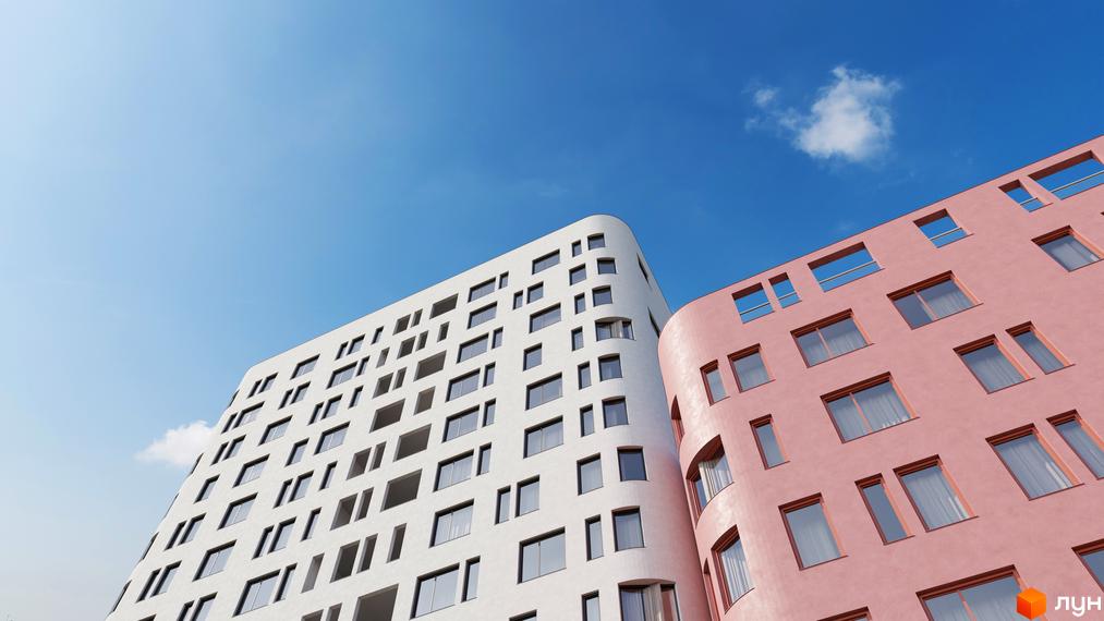 Новобудова на Миколайчука 38 з білою та рожевою фасадною частиною та численними вікнами на фоні блакитного неба.