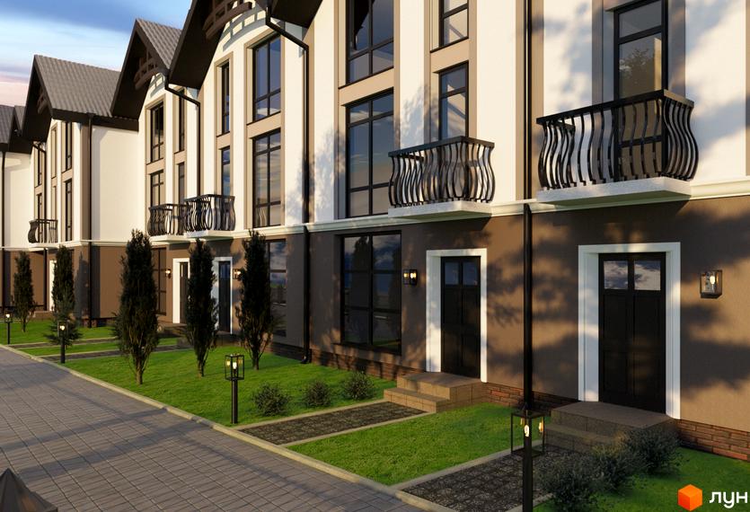 Таунхауси Бережний: фасади будинків з балконами, великими вікнами та доглянутою прибудинковою територією з газоном та ліхтарями.