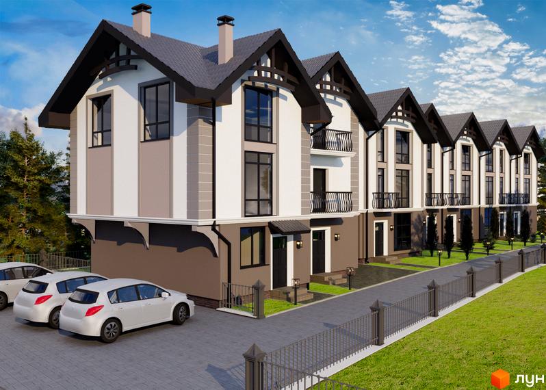 Зображення фасаду таунхаусів „Бережний“ з білими стінами, темною покрівлею та балконами. На передньому плані припарковані автомобілі, а також доріжка та газон.