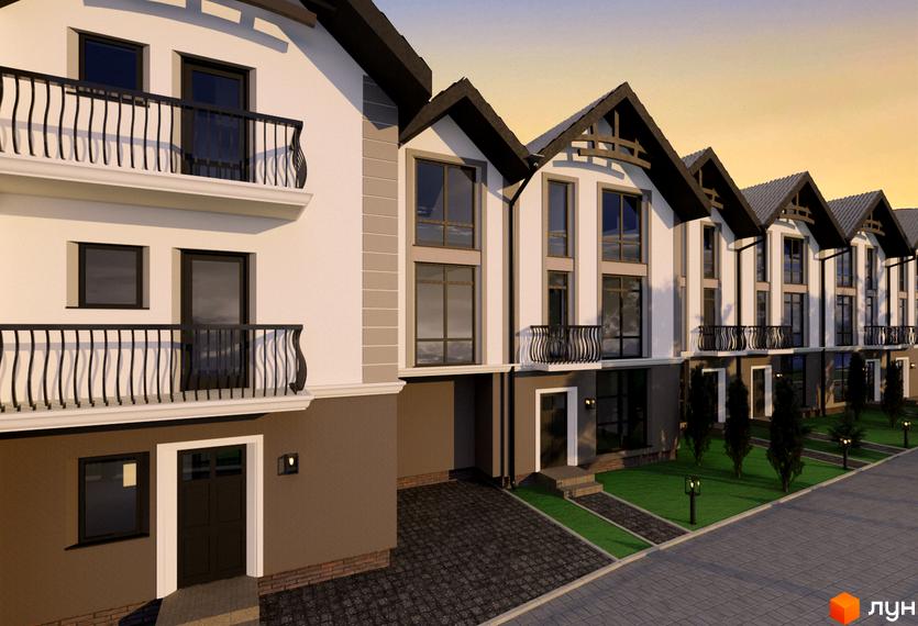 Зображення таунхаусів „Бережний“ з білими фасадами, чорними балконами та терасами. На прибудинковій території бруківка, газон та декоративні дерева.