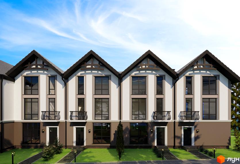 Зображення фасаду таунхаусів «Бережний». Будинки з білими стінами, темним дахом та великими вікнами. Перед будинками доглянута прибудинкова територія з газоном та доріжками.