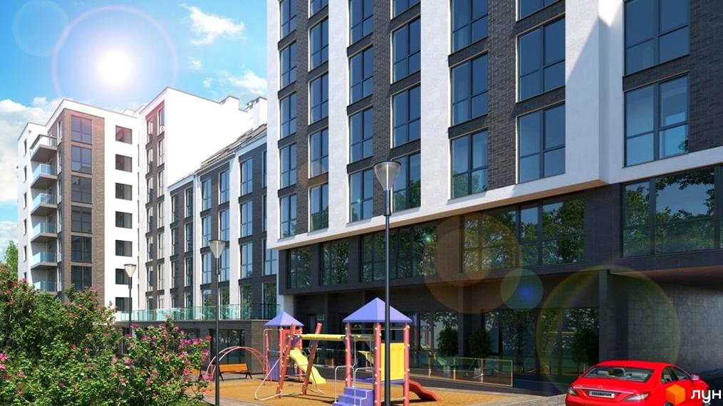 Житловий комплекс на Перфецького-2. Сучасна архітектура, великі вікна та дитячий майданчик на території.