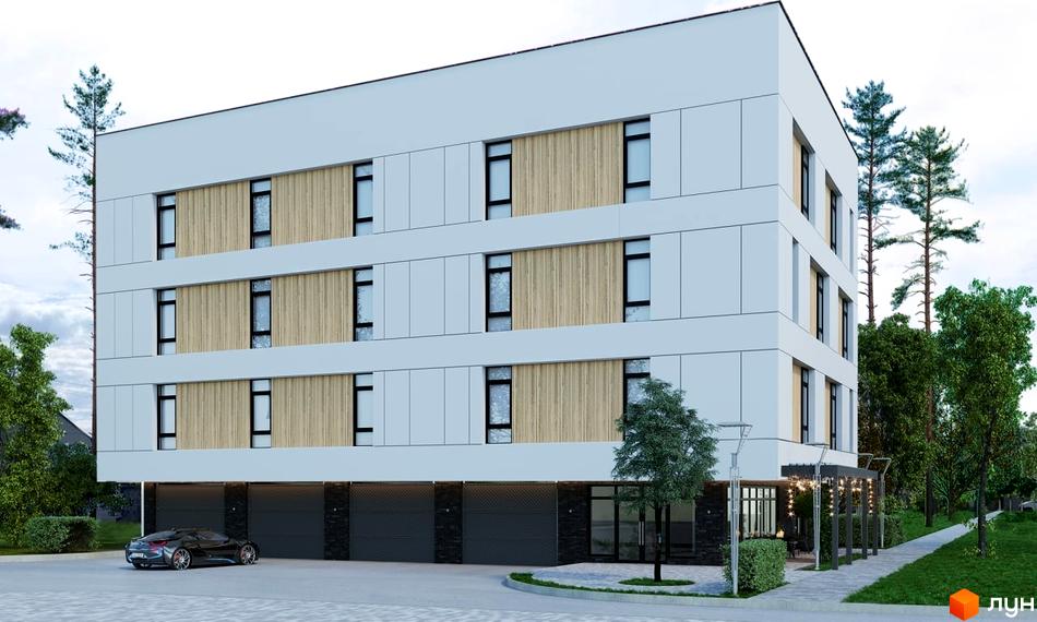 Клубний будинок на Центральній – триповерхова новобудова з дерев'яними вставками та панорамними вікнами. Прибудинкова територія облаштована доріжками та зеленими насадженнями.