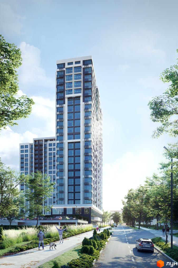 Житловий комплекс Liberty Gardens – висотна будівля з панорамними вікнами та балконами, оточена зеленою зоною та дорогою з автомобілями.