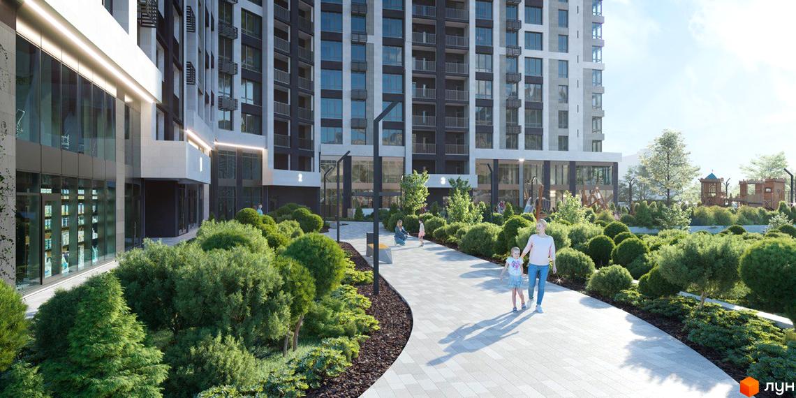 Новобудова ЖК Liberty Gardens з просторою прибудинковою територією та дитячим майданчиком. Сучасний житловий комплекс із зеленими зонами та місцями для відпочинку.