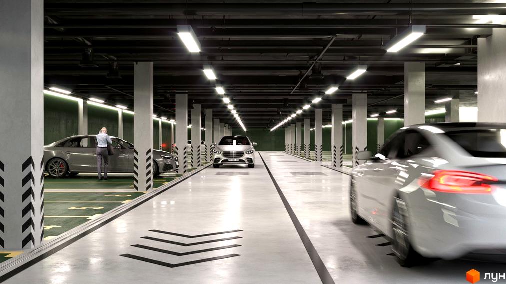 Підземний паркінг у житловому комплексі Liberty Gardens з автомобілями та місцями для паркування. Оцініть зручність та безпеку паркінгу вашого нового дому.