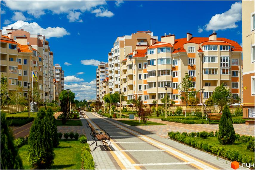 Житловий комплекс Петрівський квартал: багатоповерхові будинки з червоними дахами та балконами, доглянута прибудинкова територія з алеєю та лавками.