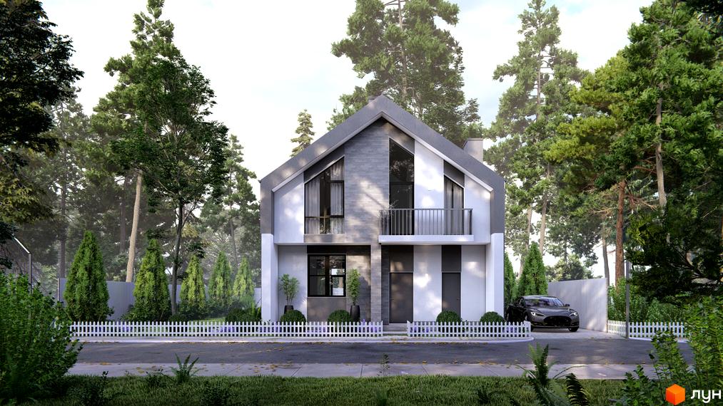 Котеджне містечко В колі друзів: двоповерховий будинок з гостроверхим дахом, світлим фасадом, оточений деревами та білим парканом.