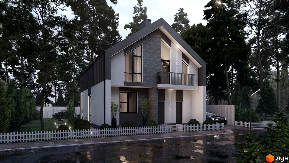 Котеджне містечко В колі друзів: двоповерховий будинок з темним дахом, світлими стінами та балконом. Навколо зелений газон, дерева та білий паркан.