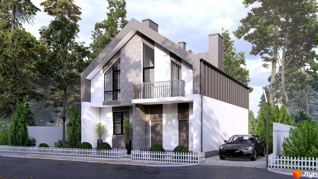 Котеджне містечко В колі друзів: двоповерховий будинок з сіро-білим фасадом та великими вікнами. Перед будинком білий паркан, зелені насадження та автомобіль.