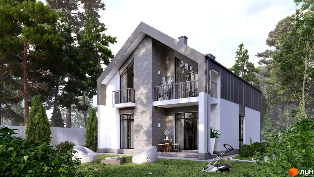 Двоповерховий будинок Котеджного містечка В колі друзів з сірим дахом, білими та цегляними фасадами. Навколо зелений газон, дерева та зона відпочинку.