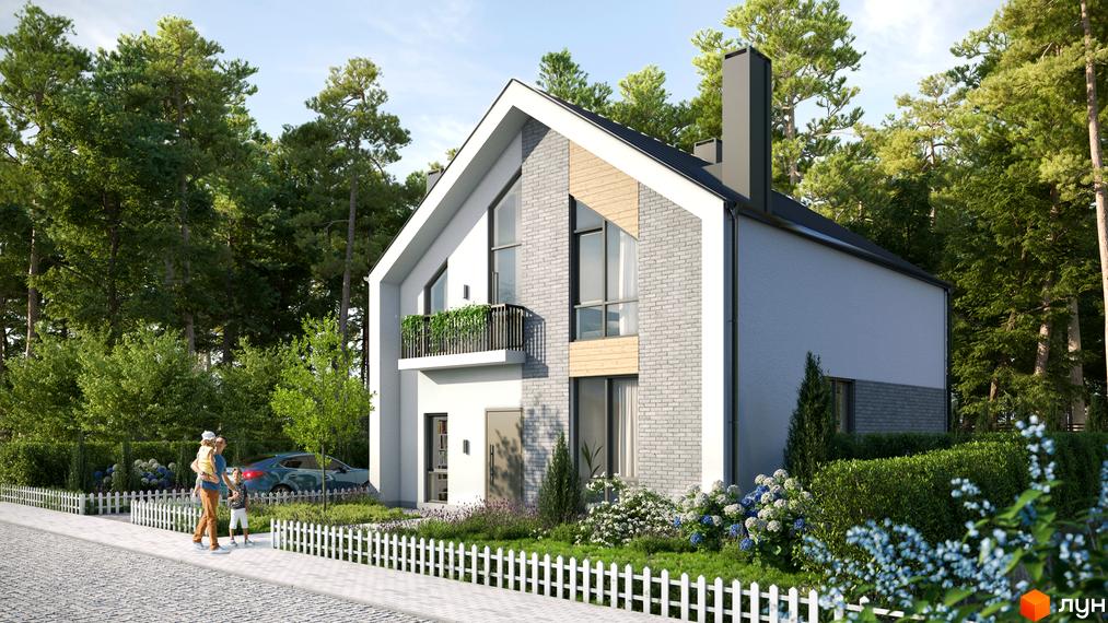 Будинок Котеджного містечка В колі друзів з біло-сірою цегляною обробкою, великими вікнами та балконом. Перед ним білий паркан, газон і дерева.