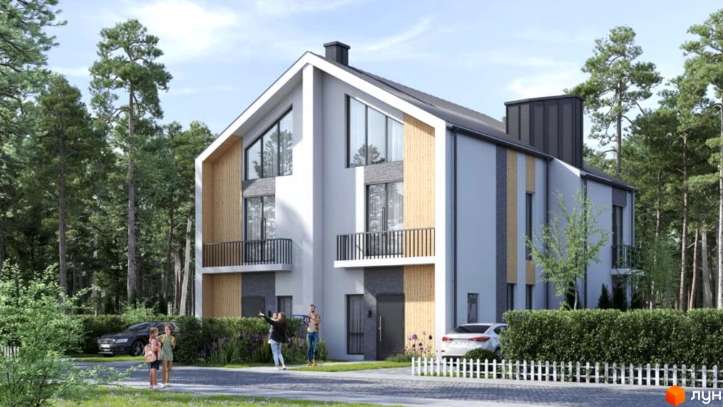 Котеджне містечко КМ В колі друзів - це двоповерхові будинки з великими вікнами та балконами, розташовані серед зелених дерев. На прибудинковій території є паркан та зелені насадження.