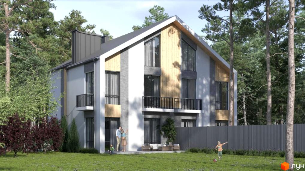 Котеджне містечко КМ В колі друзів: двоповерховий будинок з дерев'яними та сірими фасадами, великими вікнами та балконом, розташований на зеленій галявині з деревами та парканом.
