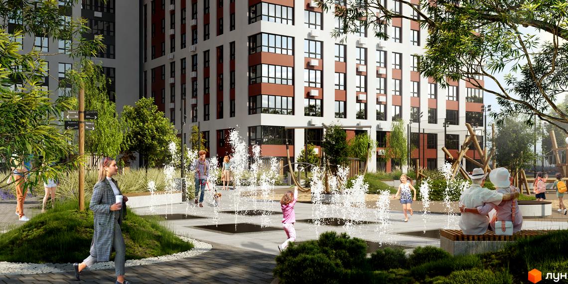 Житловий комплекс Sea View: сучасна архітектура та зелена прибудинкова територія з фонтанами та дитячим майданчиком. Відпочинок та розваги для всієї родини.