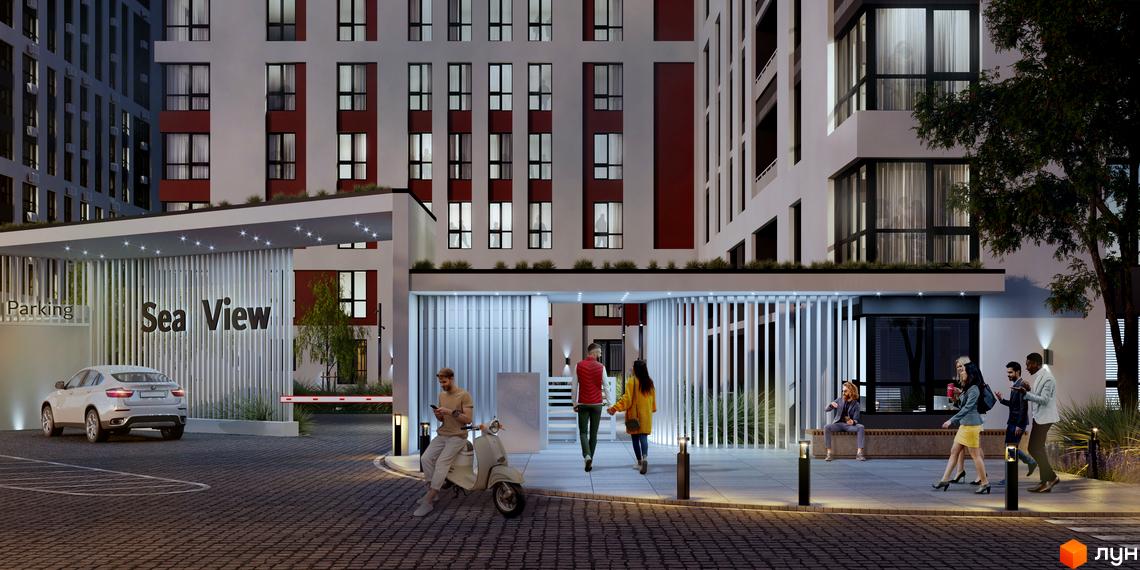 Житловий комплекс Sea View з фасадами білого та червоного кольору. Прибудинкова територія з місцем для паркування та зоною відпочинку.