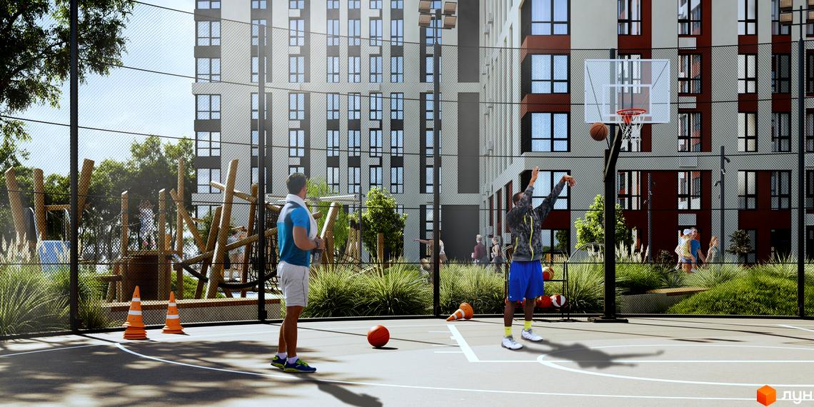 Житловий комплекс Sea View: баскетбольний майданчик з людьми та дитячий майданчик біля висотної будівлі.