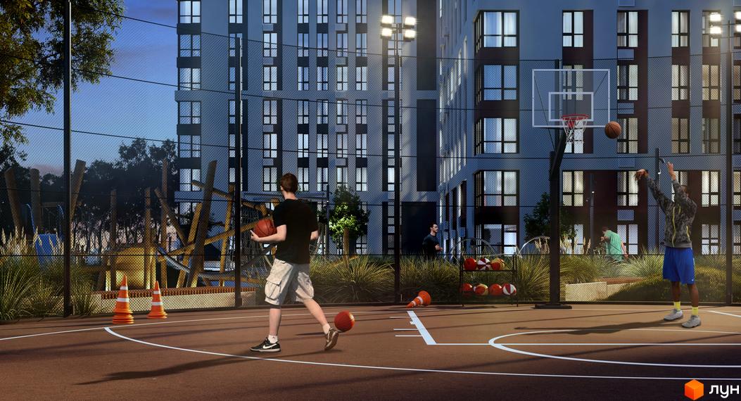 Житловий комплекс Sea View: сучасний баскетбольний майданчик з людьми, що грають у баскетбол, на тлі багатоповерхових будинків та зеленої зони.