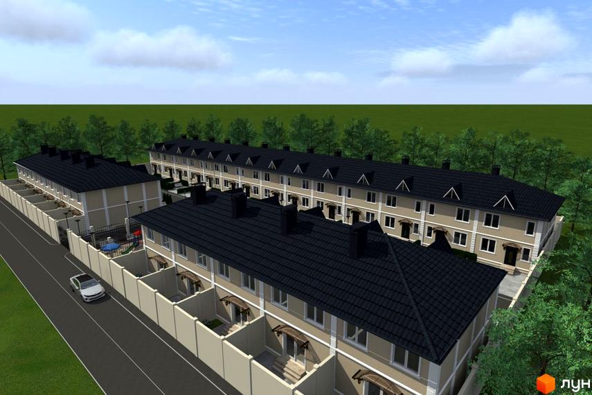 Зовнішній вигляд таунхаусів Садиба з чорними дахами та світлими фасадами, огородженою прибудинковою територією та дитячим майданчиком.