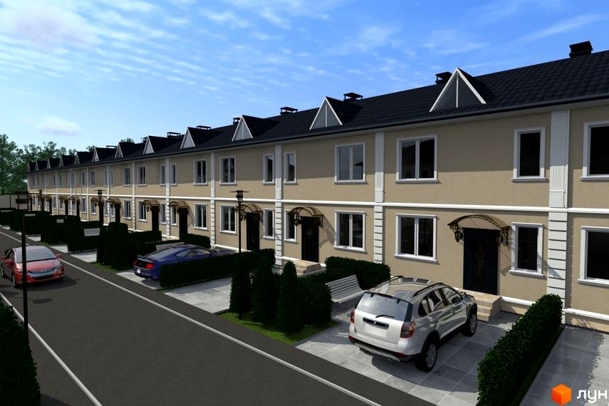 Таунхауси „САДИБА“: двоповерхові будинки світло-бежевого кольору з чорними дахами та білими вікнами, прибудинкова територія з доглянутими зеленими насадженнями та парковкою.