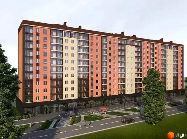 Багатоповерховий будинок з великою кількістю вікон та різнокольоровими фасадами. Перед будинком розташована дорога з припаркованими автомобілями та зелені насадження.