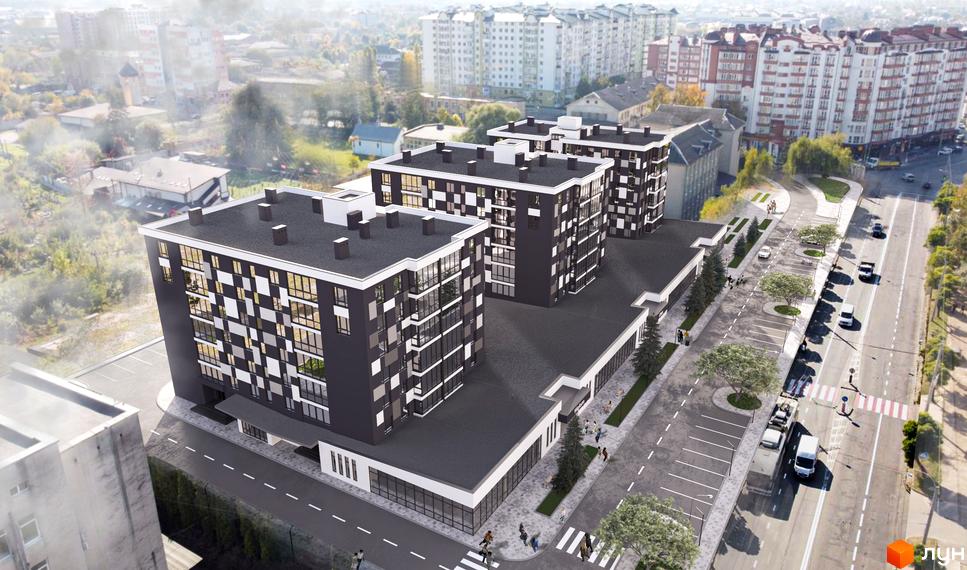 Житловий комплекс Union: три багатоповерхові будинки з темними фасадами у візерунок та облаштована прибудинкова територія з парковкою і зеленню.
