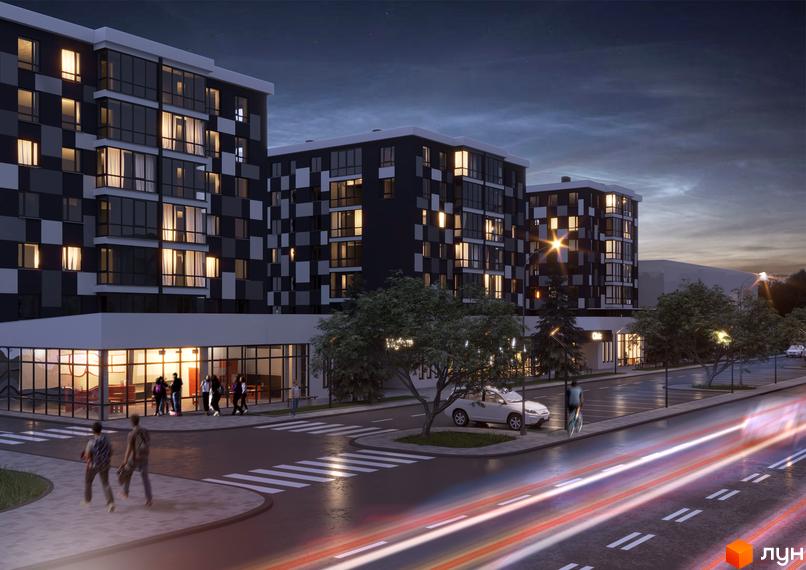 Житловий комплекс Union – це сучасна новобудова з оригінальним фасадом у шаховому порядку, розташована біля дороги з освітленням та пішохідними переходами.