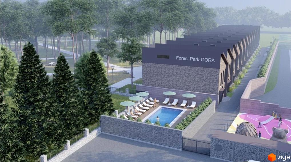 Таунхаус Forest Park-GORA з басейном та дитячим майданчиком. Навколо комплексу зелена зона з деревами та доріжками.