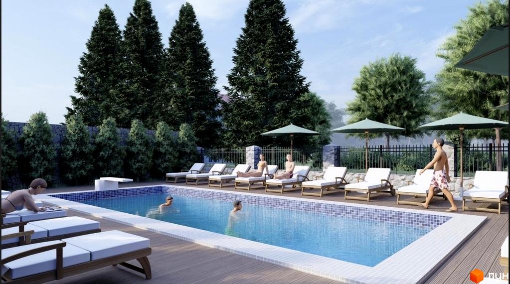 Таунхаус Forest Park Gora з басейном та зоною відпочинку. Навколо зелені дерева та зручні лежаки.