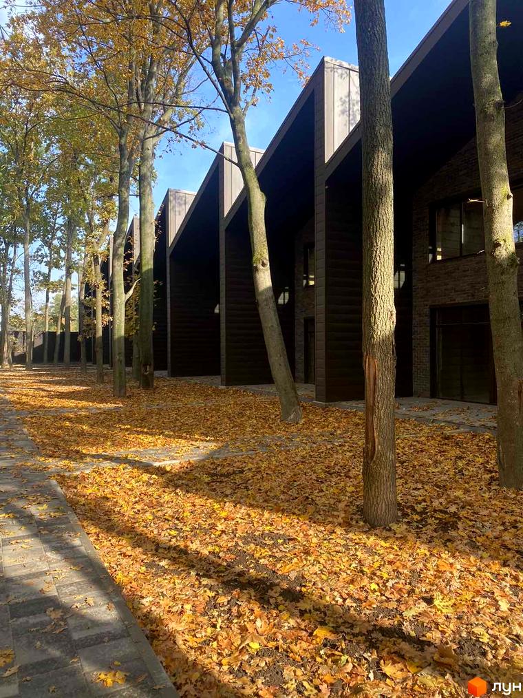 Таунхаус Forest Park Gora з темними фасадами та великими вікнами на тлі осіннього парку з опалим листям.