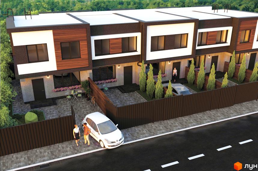 Таунхауси Living Place з білими та дерев'яними фасадами, розташовані на бруківці з зеленими насадженнями та парканом.