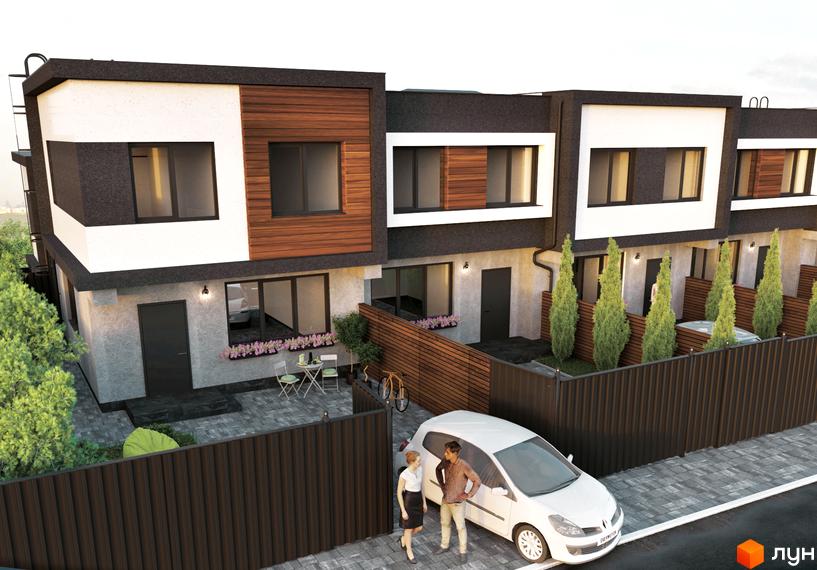 Таунхауси Living Place: ряд двоповерхових будинків з біло-сірим фасадом та дерев'яними вставками. Перед будинками брукований двір та зелені насадження.