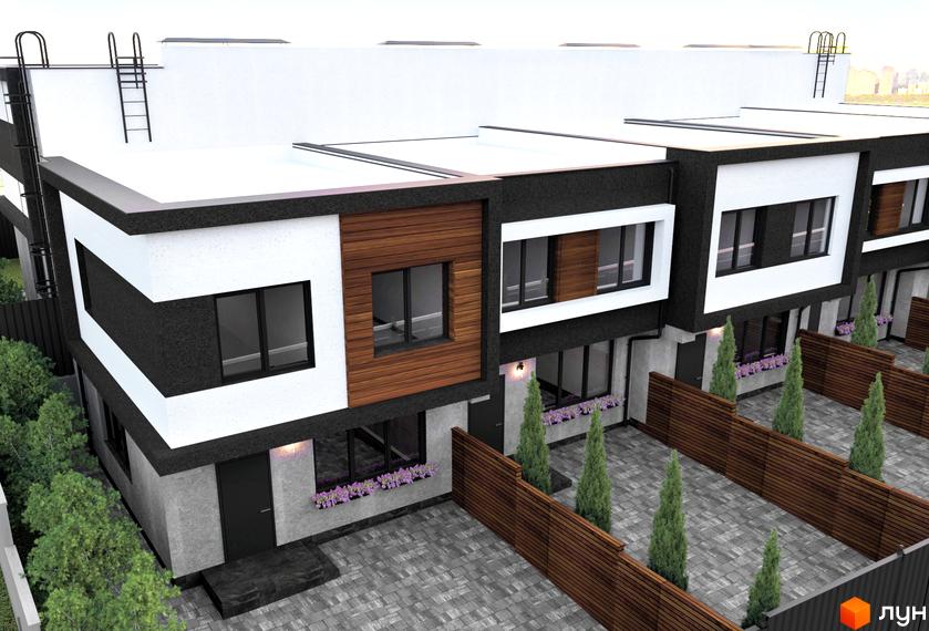 Ряд двоповерхових таунхаусів Living Place з білими, темно-сірими та дерев'яними фасадами. Перед будинками бруківка, дерев'яні огорожі та зелені насадження.