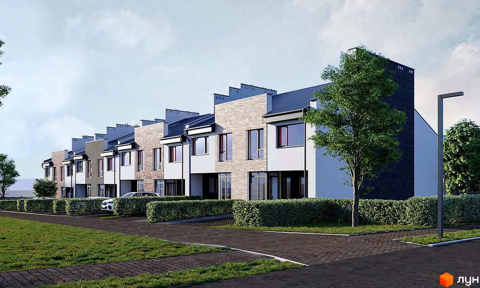 Сучасна забудова вулиці Юрія Горліса-Горського з акуратними парканами та доглянутою прибудинковою територією. Фасади будинків оздоблені цеглою та білою штукатуркою.