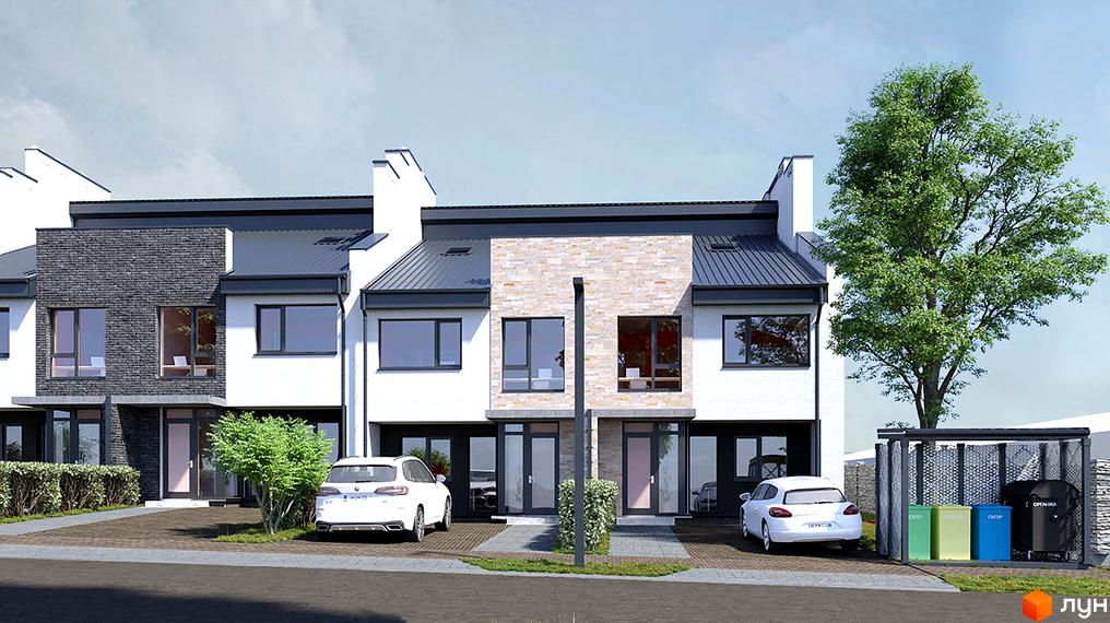 Зовнішній вигляд триповерхових будинків з білою штукатуркою та сірим дахом на вулиці Юрія Горліса-Горського. Прибудинкова територія з деревами, кущами та сміттєвими баками.