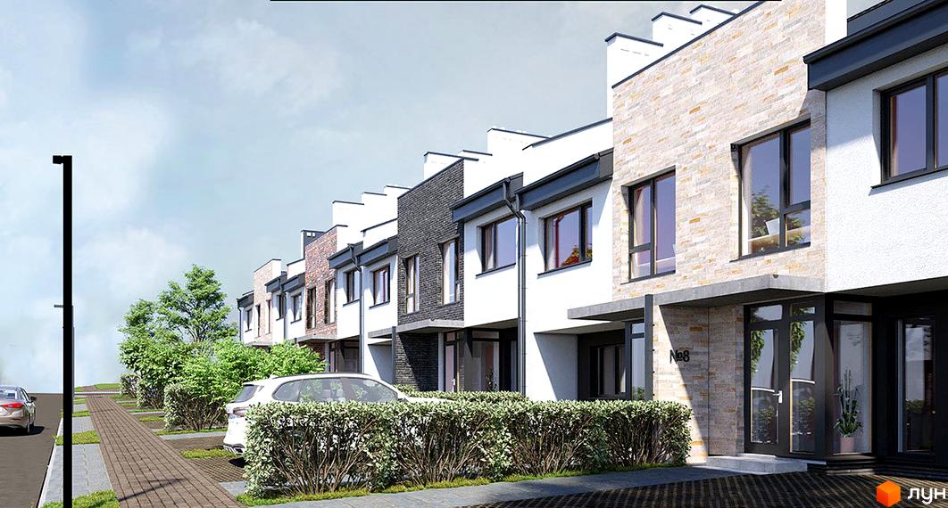 Зовнішній вигляд таунхаусів на вулиці Юрія Горліса-Горського з прибудинковою територією та автомобілями. Опис новобудови.