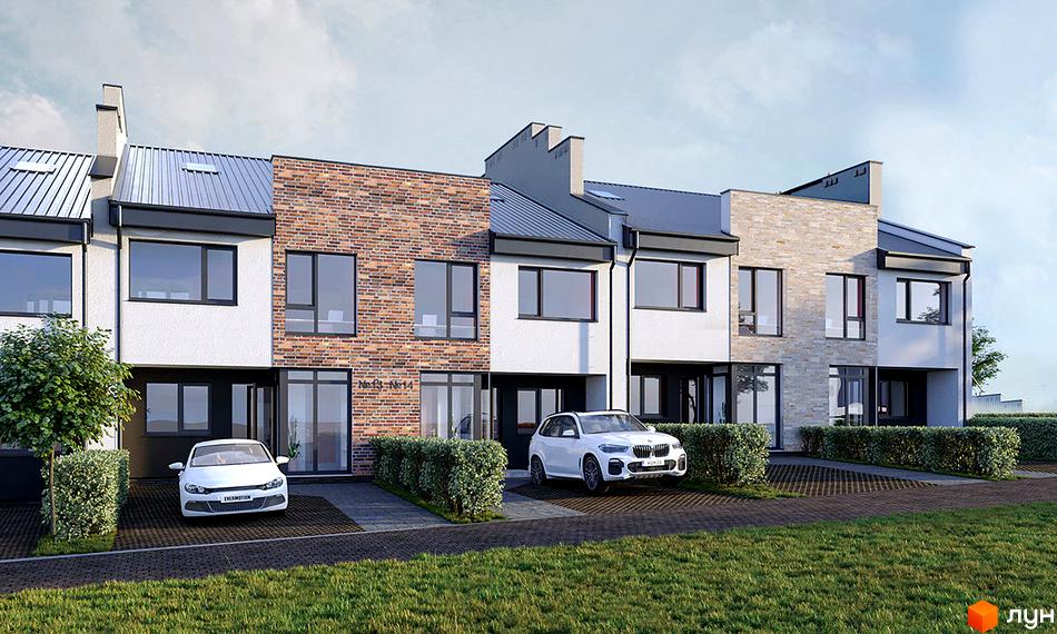 Ряд двоповерхових таунхаусів з різними фасадами та темними дахами. Перед будинками є паркінг, зелені насадження та доріжки.