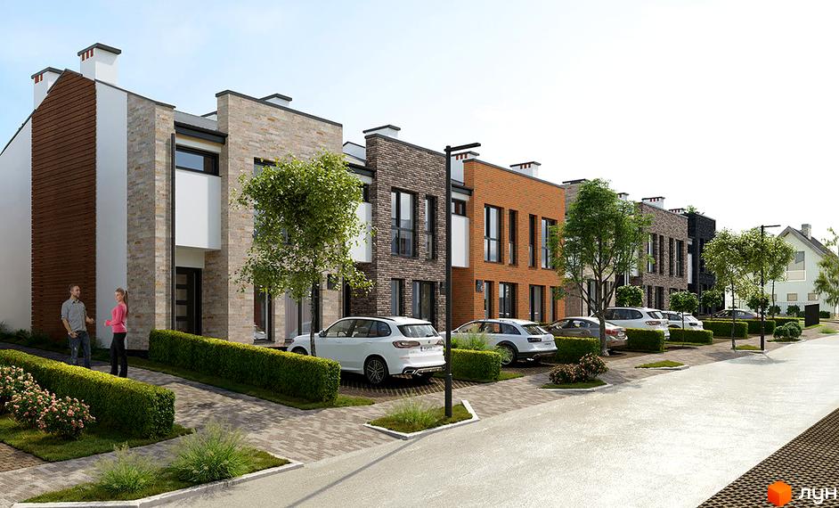 Ряд таунхаусів «Гармонія-1» з цегляними фасадами та великими вікнами. Навколо – бруковані доріжки, зелені насадження та автомобілі.