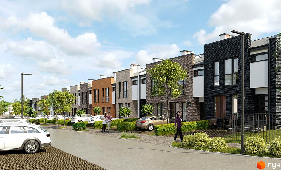 Таунхаус Гармонія-1 з цегляним фасадом та парковкою. Прибудинкова територія з зеленими насадженнями та доріжками.