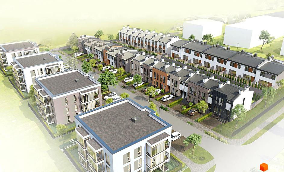 Таунхаус «Гармонія-1» - це сучасний житловий комплекс з акуратними будинками та доглянутою прибудинковою територією, де розташовані автомобілі.