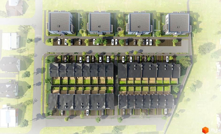 Аерофотознімок житлового комплексу Таунхаус «Гармонія-1»: ряди таунхаусів з темними дахами, прибудинкові території та парковки.