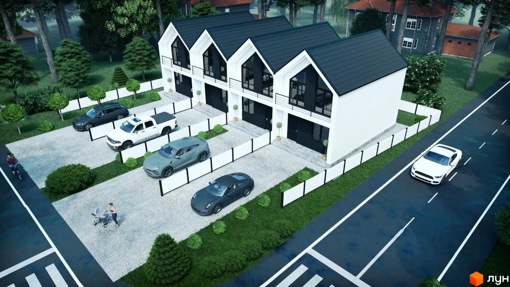 Таунхауси VillSam Home з білими фасадами та темними дахами, розташовані на доглянутій прибудинковій території з доріжками та зеленими насадженнями.