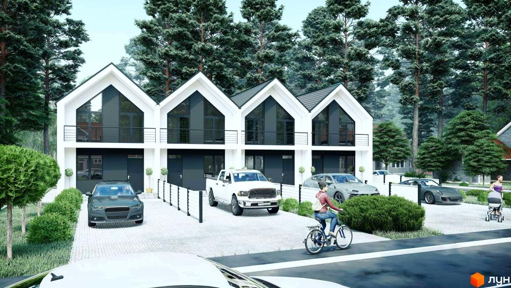 VillSam Home таунхауси з білими фасадами та темними вікнами на тлі зелених дерев. Перед будинками розташовані автомобілі та доглянута прибудинкова територія.