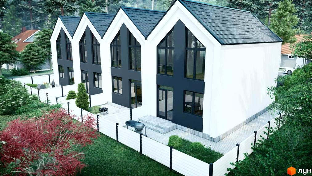 Таунхауси VillSam Home: триповерхові будинки з білими фасадами, темними вікнами та сірими дахами. На прибудинковій території зелений газон, дерева та паркан.