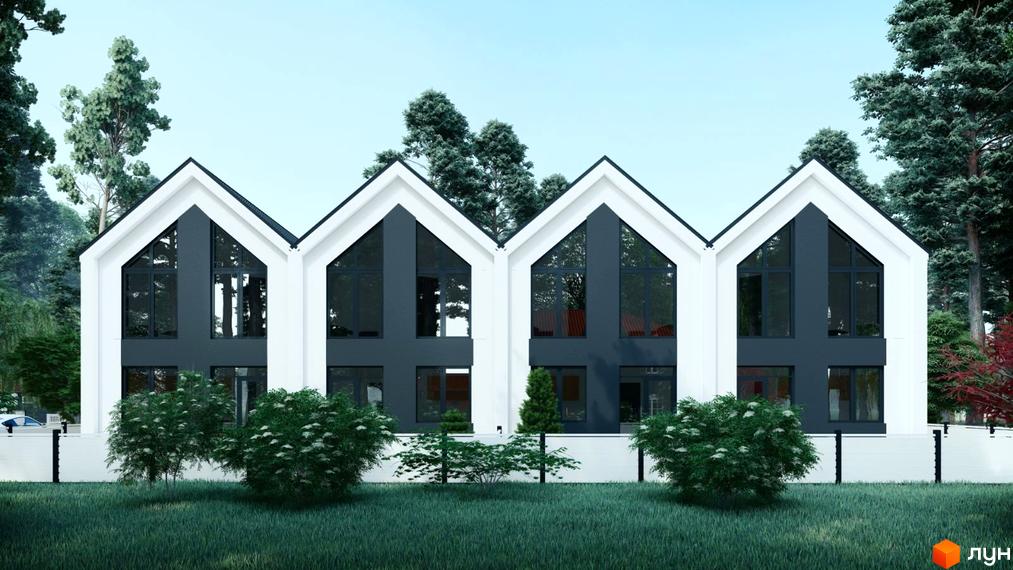 Таунхауси VillSam Home: чотири будинки з білими фасадами, великими темними вікнами та гостроверхими дахами, на тлі зеленого газону та дерев.