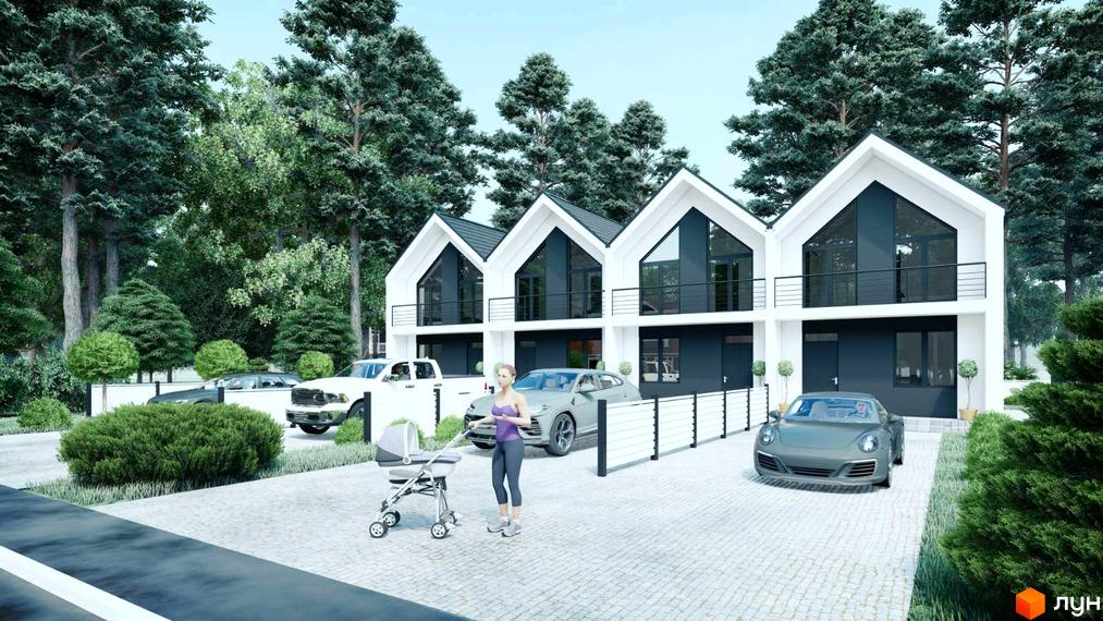 Таунхауси VillSam Home: три білих двоповерхових будинки з трикутними дахами та великими вікнами, прибудинкова територія з автомобілями та дитячим візком.